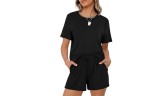 Women's Casual Solid Color Short-Sleeved Shorts Suit with Pocket