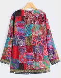 Women Ethnic Floral Print Long Sleeve Loose Jacket Cardigan