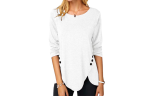 Women's Irregular Hem Button Long Sleeve Round Neck T-shirt