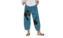 Women Cat Print Stripe Pants with Pockets