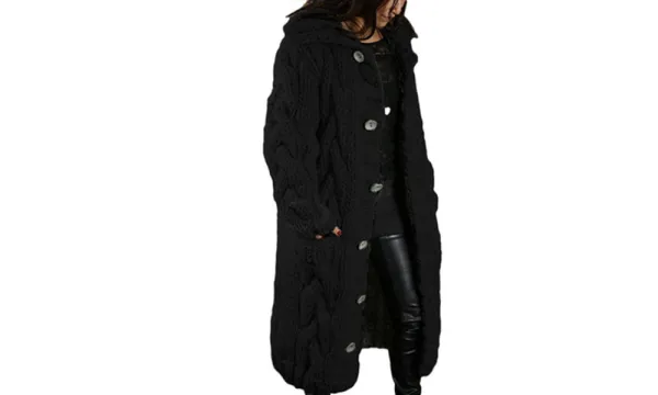 Womens Hooded Cable Knit Button Long Cardigan
