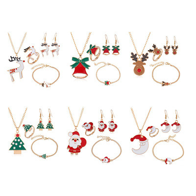 4PCS Christmas Necklace Earrings Ring Bracelet Set