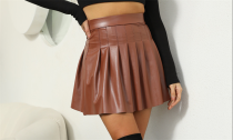 Women's High Waist PU Pleated Skirt