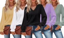 Women's Long Sleeve V Neck Lace Trim Tunic Shirt