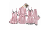 Women's 5 Pieces Satin Floral Lace Lingerie Pajama Sets 