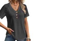 Women's  Waffle Pattern Button Decor Lace Short Sleeve V Neck T-shirt