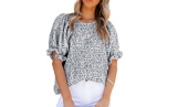 Women's Ruffle Sleeve Round Neck Loose Fit Blouse Tops