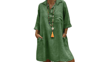 Women's V Neck Loose Casual 3/4 Sleeve Shirt Dress with Pockets