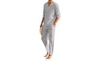 Men's 2 Pieces Long Sleeve and Casual Beach Pants Cotton Linen Set