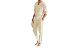 Men's 2 Pieces Long Sleeve and Casual Beach Pants Cotton Linen Set