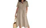 Women's Mid-Length Short Sleeve V Neck Cotton Linen Dress 