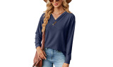 Womens Slim Fit Ruched V Neck Button Shirts
