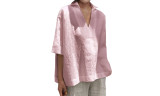Womens V-neck cotton linen solid color Shirt
