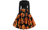 Womens Halloween Long Sleeve Cocktail Swing Skeleton Pumpkin Printed Dress