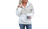 Women's Plush V-Neck Zipper Long-Sleeved Color Block Sweater Coats