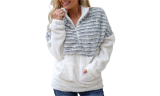 Women's Plush V-Neck Zipper Long-Sleeved Color Block Sweater Coats