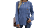 Womens Long Sleeve Button Front Slit Tunic Tops Jumpers
