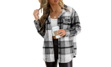 Womens Plaid Shackets Oversized  Shirt Button Down Blouse Jacket with Pockets
