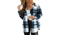 Womens Plaid Shackets Oversized  Shirt Button Down Blouse Jacket with Pockets