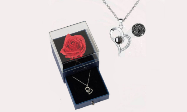 Preserved Real Rose Drawer with I Love You Necklace 100 Languages Gift Set