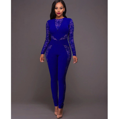 Long Sleeve Black Lace Jumpsuit Women Sexy See Through Mesh