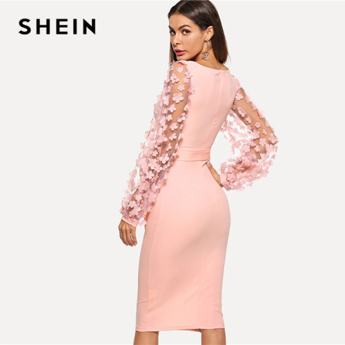 Shein Pink Elegant Party Flower Applique Contrast Mesh Sleeve Form