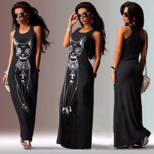 Summer Dress 2018 New Women Long Maxi Dress Casual Cat Print Boho