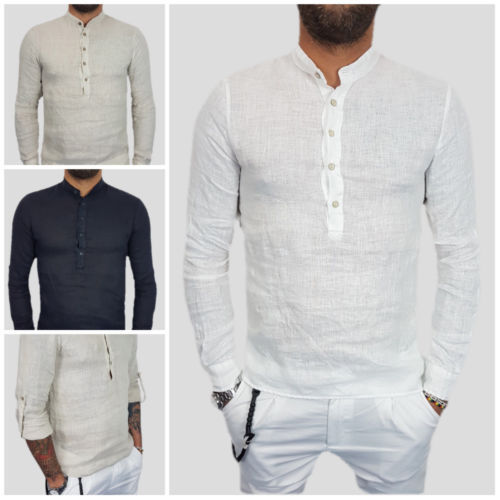 Linen Blend Cotton Shirts Men Mandarin Collar Slim Fit Plain Basic