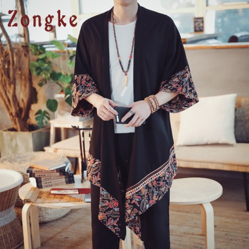 Zongke Patchwork Floral Chinese Kimono Shirt Men Long Kimono Cardigan Men Shirt Japanese Kimono Men Blouse
