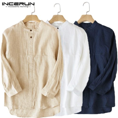 Incerun Casual Men Shirt 3 4 Sleeve Stand Linen Baggy Male Tops