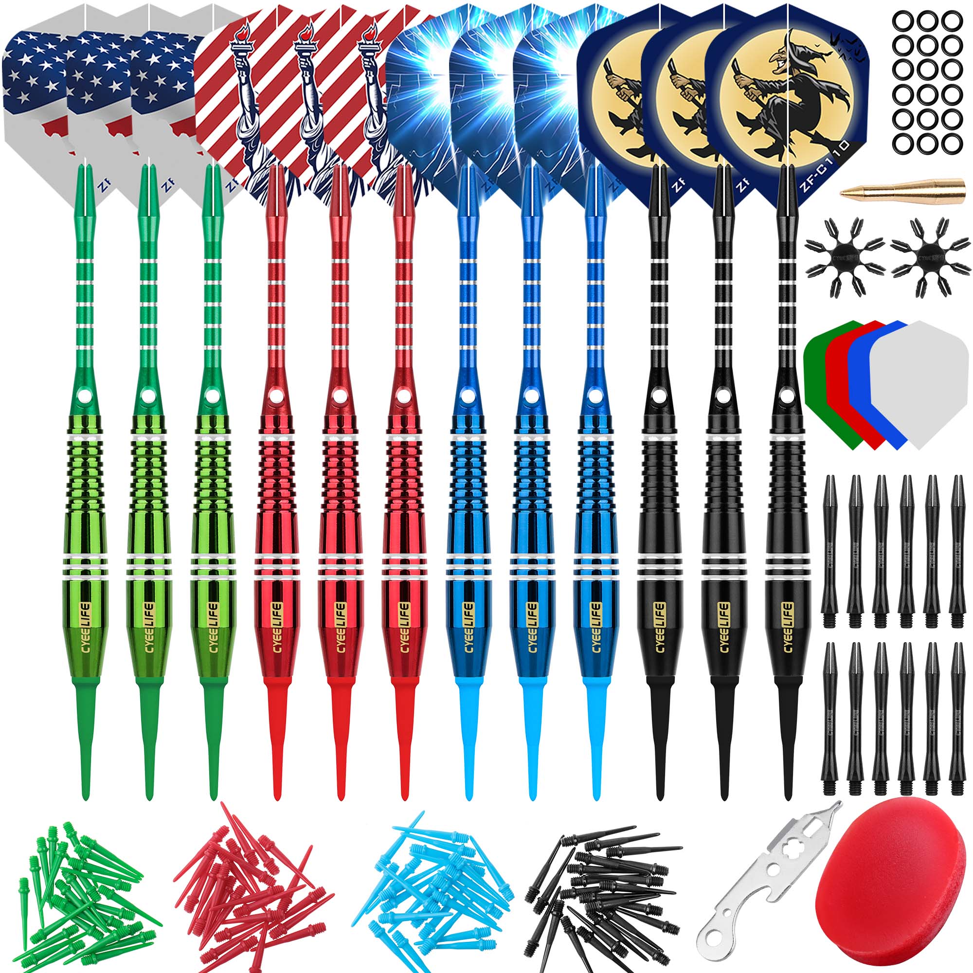 -Brass Darts&Black PVD Coating-Green&Red Lines-6 Packs 48&35mm CyeeLife-Soft tip darts18g-12Flights-60Tips-12Aluminum shafts