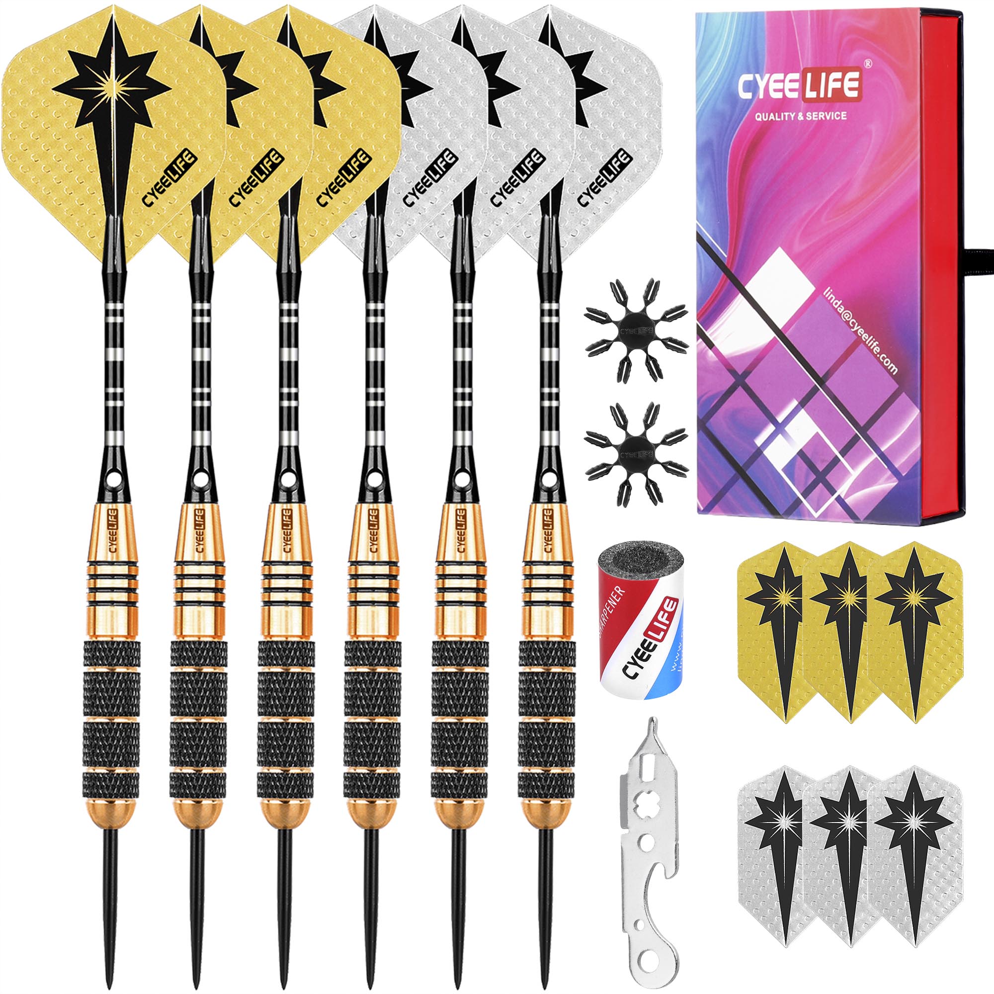 CyeeLife Professional Steel tip Darts 22g 12Flights+6Alu shafts+Sharpener+Tool+Gift Packaging Brass Darts Set for Competition 