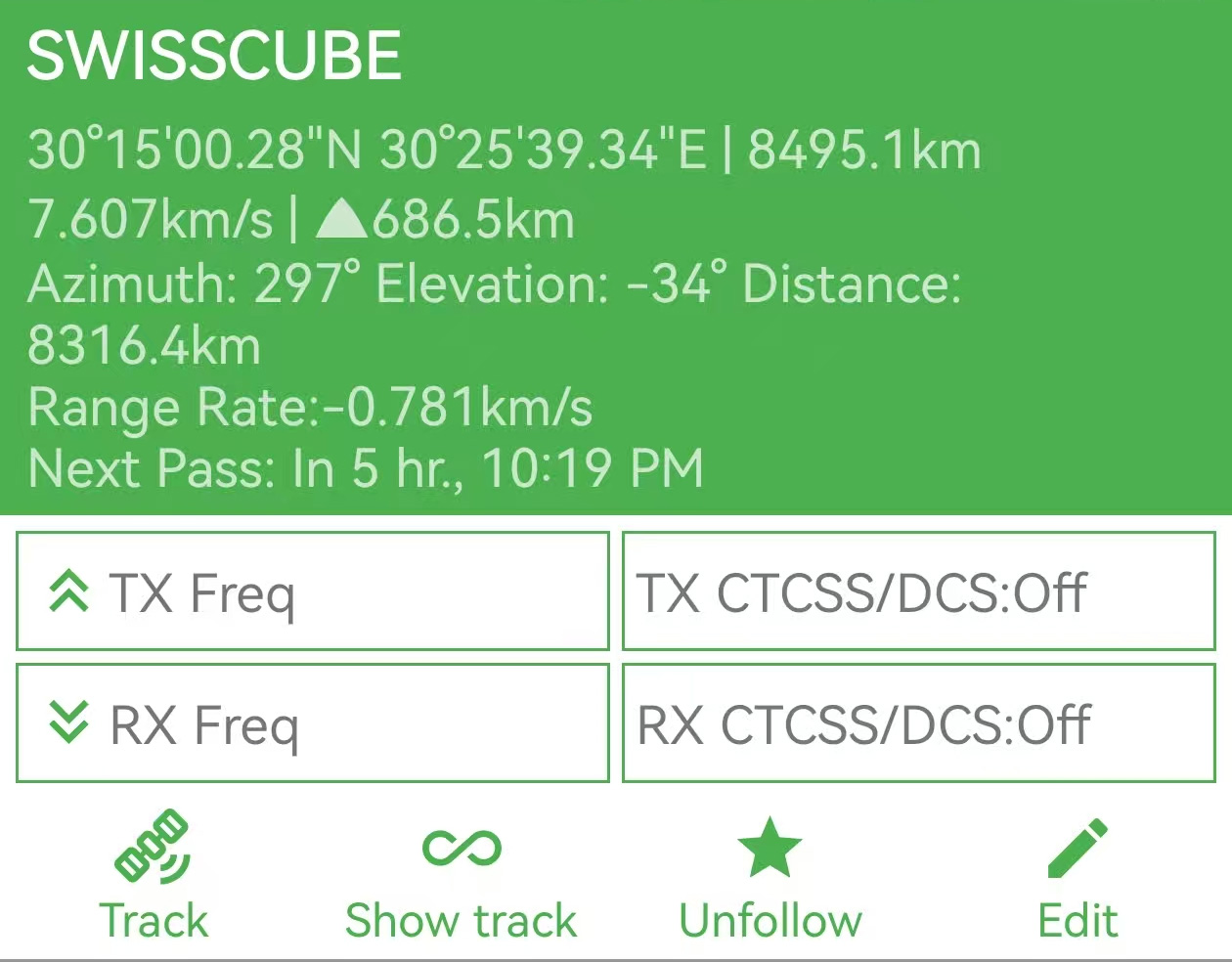VGC HT App satellite tracking interface showing Azimuth and Elevation for ISS contact.