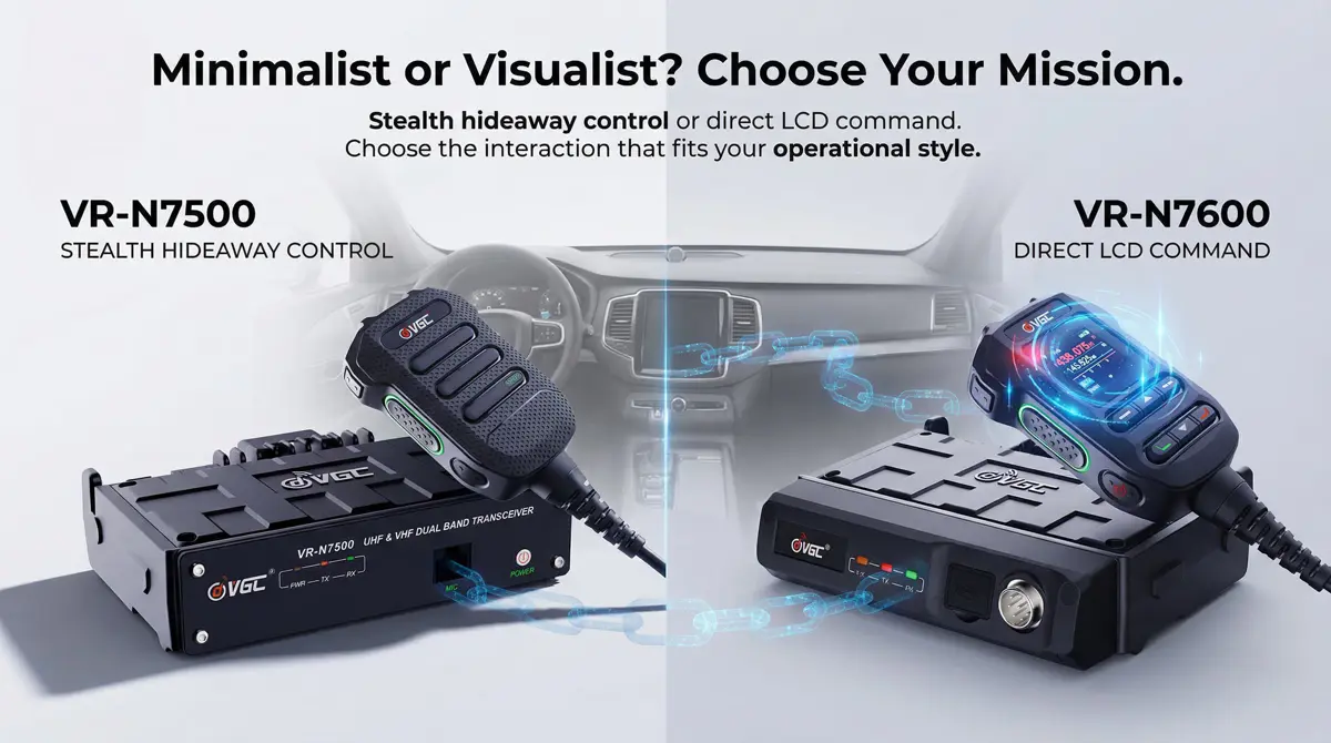 VGC 50W overland mobile radio buyers guide: VR-N7500 headless design versus the VR-N7600 with color LCD microphone for advanced 4x4 and 4WD vehicle convoy comms tracking.