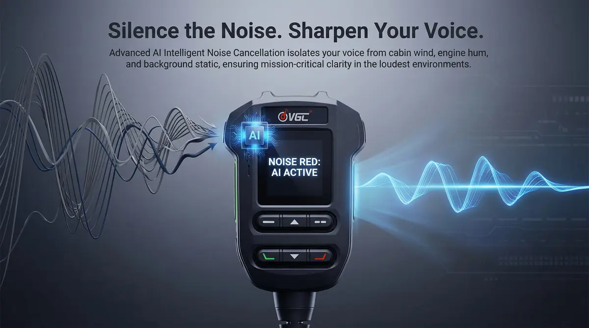 VR-N7600 smart DSP voice filter active in a noisy 4x4 cockpit. Eliminates harsh mud-terrain tire roar and diesel engine noise, setting a new clarity standard for heavy-duty 4WD overland mobile radio communications.