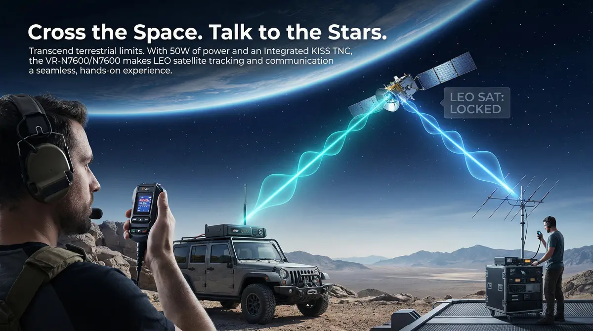 Two radio operators communicating via LEO satellite using VGC VR-N7600 mobile radio.