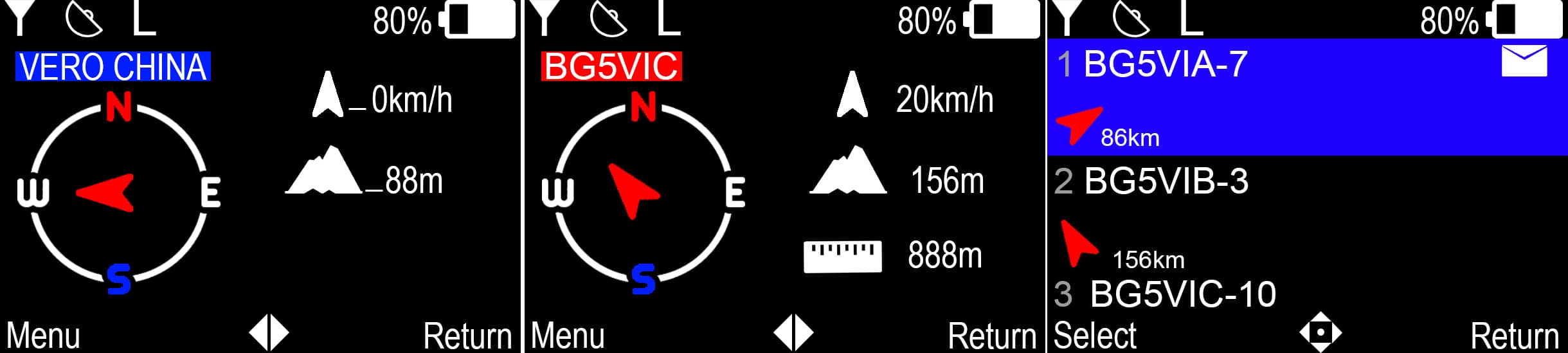 VR-N76 GPS two way radio screen showing real-time peer-to-peer location tracking, electronic compass, and teammate distance for off-grid rescue.