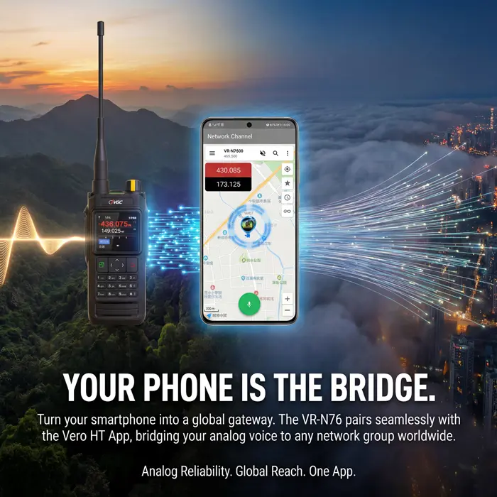 VGC VR-N76 Hybrid Network Link Gateway bridging analog RF signals to global digital talkgroups via smartphone data.