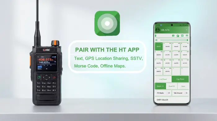 VGC VR-N76 smartphone control and digital advanced features via VGC HT App tracker system.