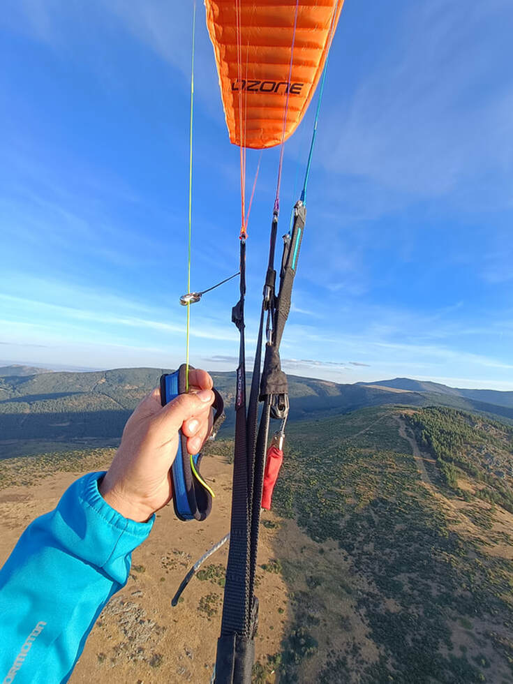 Tactical Bluetooth wireless finger PTT button strapped to paragliding control toggles for flight communications