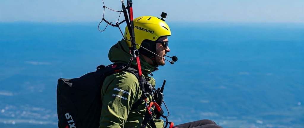 Integrated Sena paragliding helmet connected wirelessly to handheld dual band ham radio on flight deck cockpit