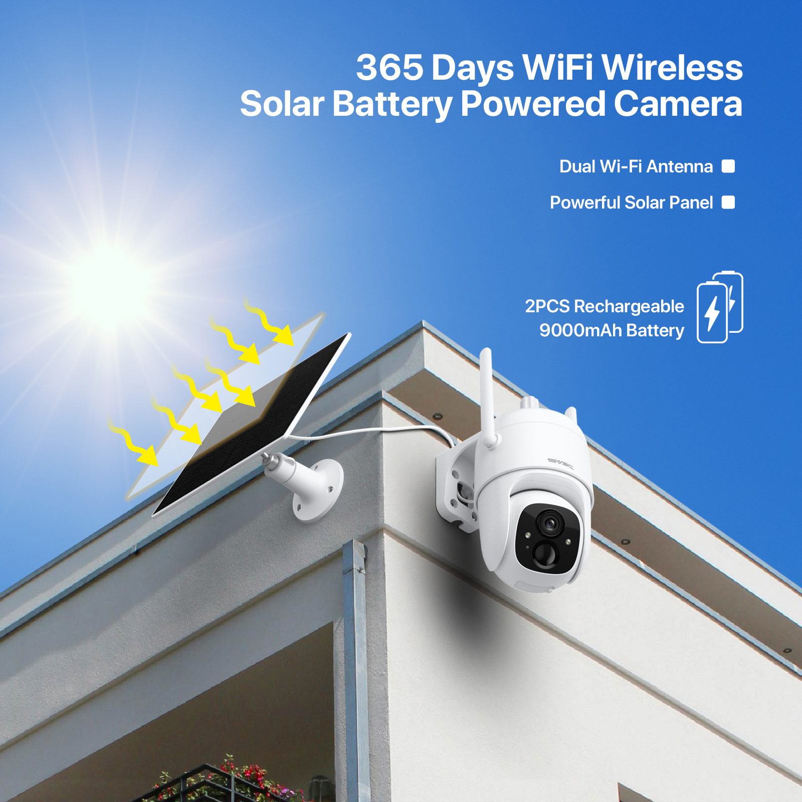 Cámara de seguridad solar inalámbrica 2K para exteriores, cámara WiFi con  batería recargable, inclinación panorámica SV3C 360 rotación, visión