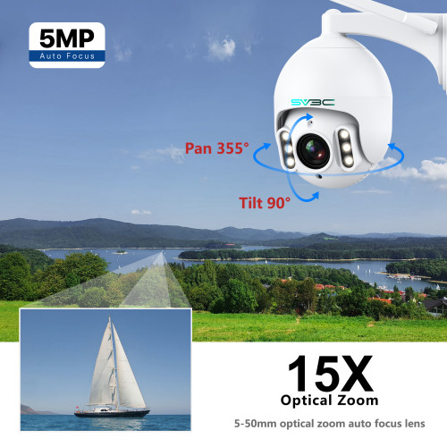 SV3C PTZ Camera Outdoor WiFi Wireless 5MP 15X Optical Zoom Security IP Camera with Spotlight Color Night Vision, Humanoid Detect
