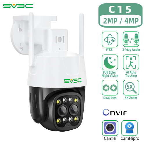 SV3C Security Camera Outdoor, 4MP Dual Lens 5X Hybrid Zoom WiFi Camera, 360° PTZ Camera with 120° Ultra-Wide Angle, Auto Tracking, Color Night Vision, 2-Way Audio, Humanoid Detection, IP66 Waterproof