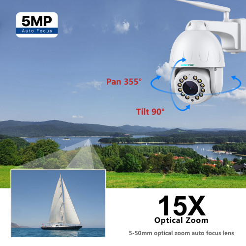 SV3C PTZ WiFi Security Camera Outdoor 15X Optical Zoom Auto Tracking 5MP/8MP Floodlight Color Night Vision Wireless IP Cam, 2-Way Audio, Metal Shell, RTSP, FTP, SD Card Record, BlueIris, Onvif Conformant