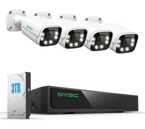 SV3C 4K POE Security Camera System, 8 Ports 16CH NVR for Surveillance with 3TB HDD, 24/7 Recording, Playback, 4pcs Wired POE IP Cameras with 120°Wide Angle, Smart Motion Detection, Color Night Vision