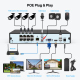 SV3C 4K POE Security Camera System, 8 Ports 16CH NVR for Surveillance with 3TB HDD, 24/7 Recording, Playback, 4pcs Wired POE IP Cameras with 120°Wide Angle, Smart Motion Detection, Color Night Vision