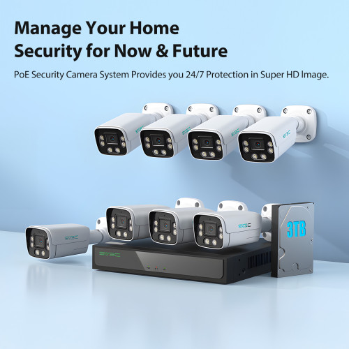 SV3C 4K POE Security Camera System, 8 Ports 16CH NVR for Surveillance with 3TB HDD, 24/7 Recording, Playback, 4pcs Wired POE IP Cameras with 120°Wide Angle, Smart Motion Detection, Color Night Vision