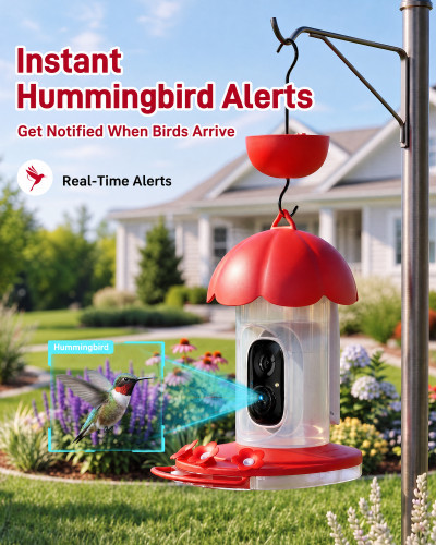 Hummingbird Feeder with Camera Outdoors, Solar Powered Smart Bird Feeder Bee Guards, Ant Moat, 2K, Auto Video Capture, App Alerts, AI Bird Id, Hanging or Pole-Mount, Gift For Mom Dad, Bird Lovers