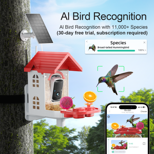 Bird Feeder with Camera, Smart Bird Feeder Camera with AI Identify BirdSpecies, Solar Powered, Instant Alerts, 2K HD Video, Various DIY Addons, 2.4G WiFi, Gift for Mom Dad and Birdlover (Red)